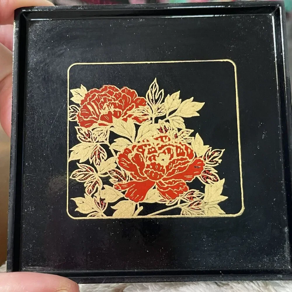 Vintage‎ Japanese Lacquerware Coaster Set with Box – Hand-Painted Floral Gold